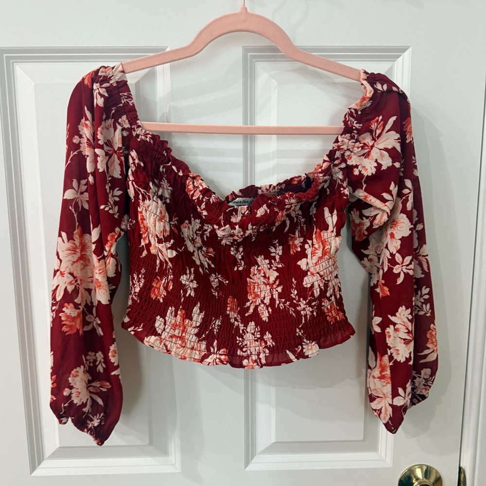 Abercrombie Floral Off Shoulder Top M – Smocked Boho Long Sleeve Crop Blouse